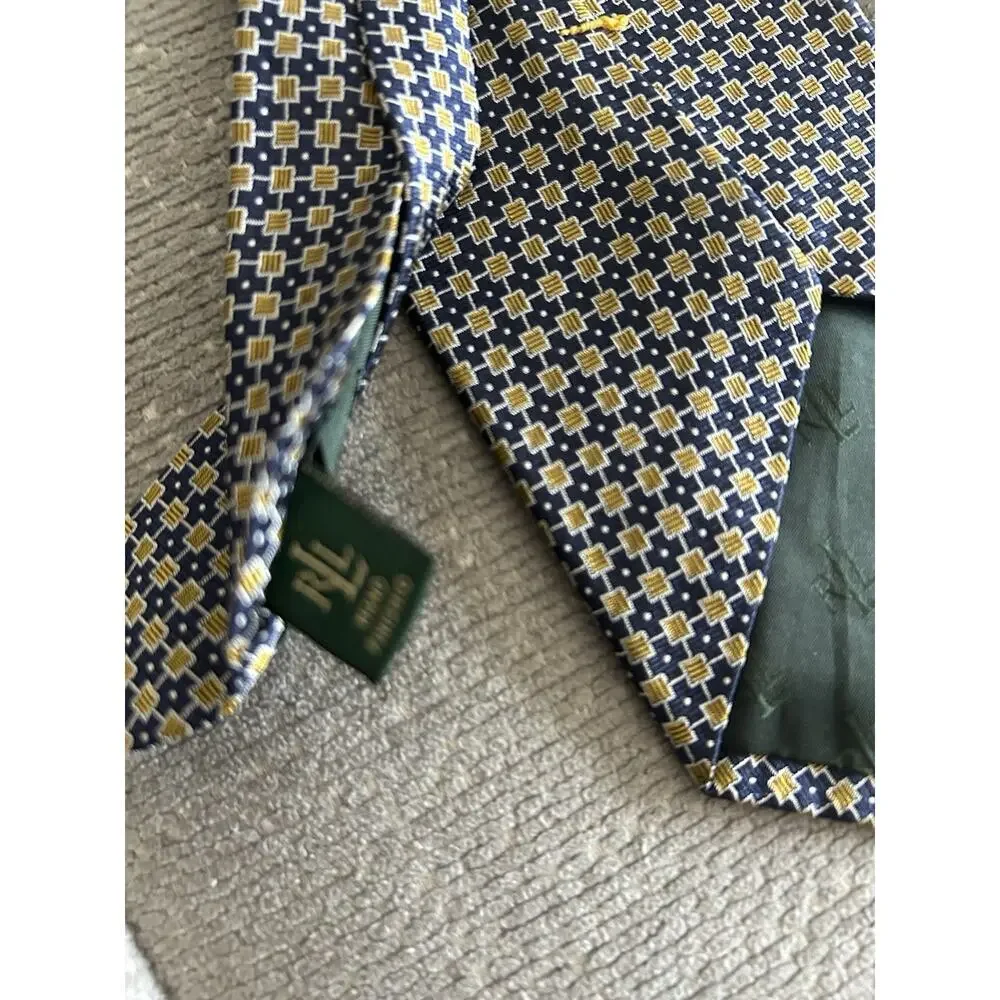 Lauren Ralph Lauren Silk Luxury Tie Mens Gold Blue Geometric Preppy Old Money